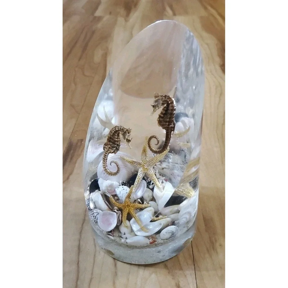 Vtg 1960s Lucite Seashells Ocean Aquarium Bookend Sculpture Seahorse Starfish